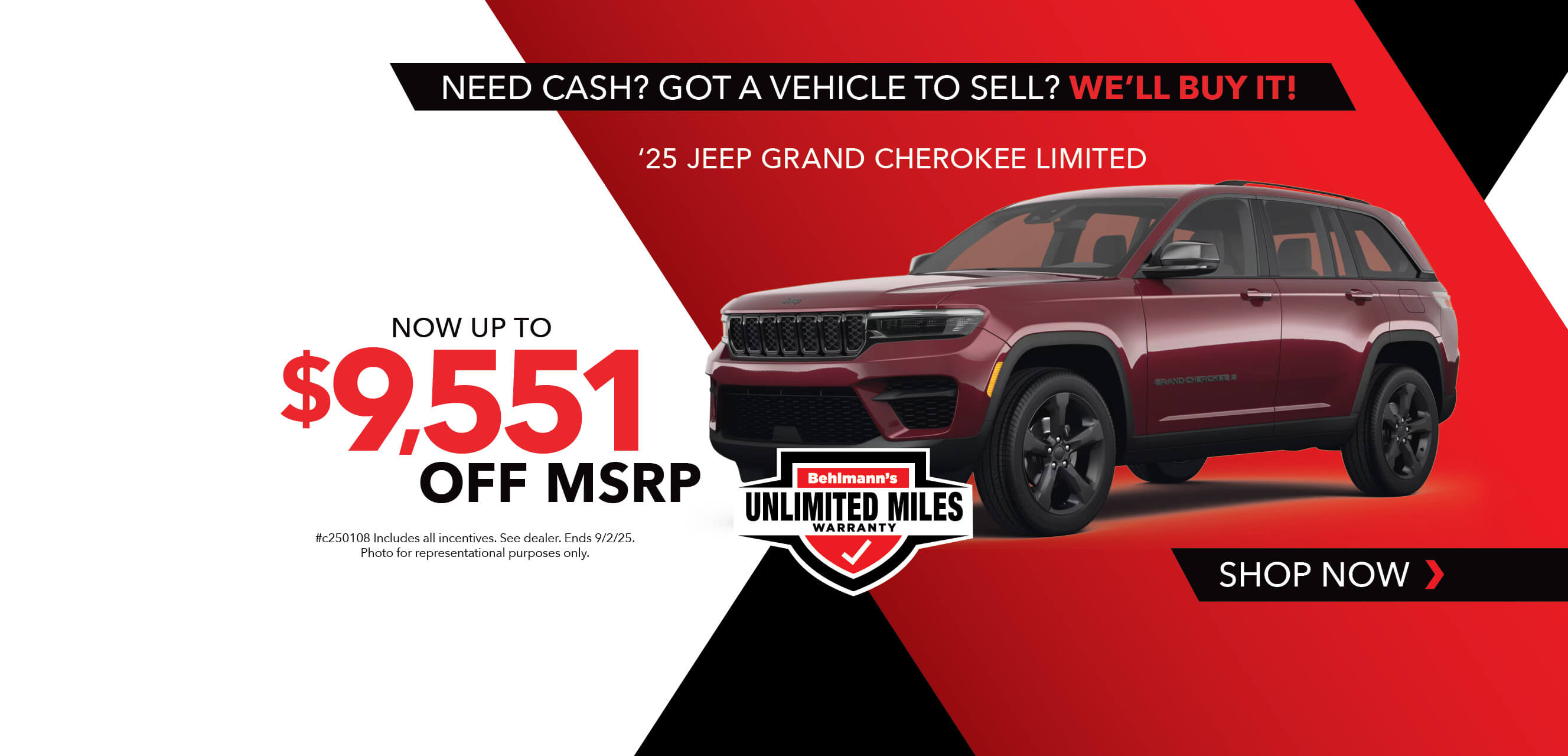 Red SUV with advertising slogans: Now up to $9,551 off MSRP on 2025 Jeep Grand Cherokee Limited.